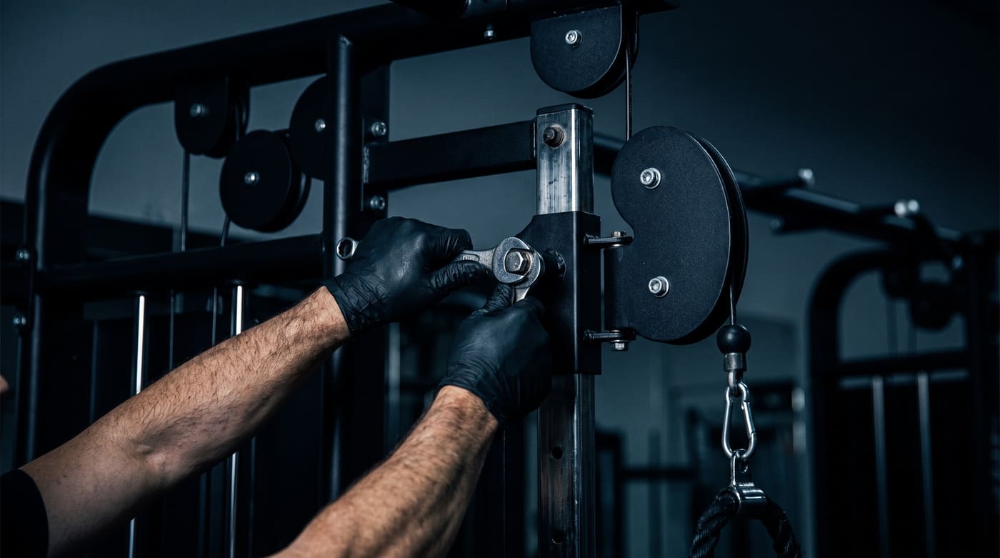 Técnico dando mantenimiento preventivo a una máquina de gimnasio