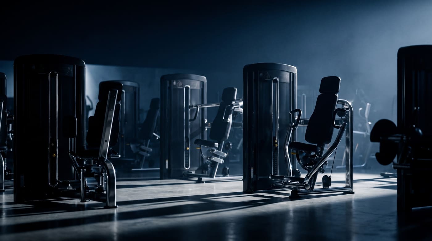 Piso de gimnasio equipado con máquinas de fuerza Salter en renta en Cancún